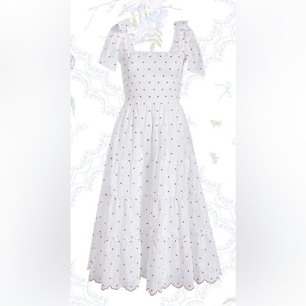 🍒 Hill House Home Ribbon Ellie Dress in White Organza with Red Scalloped Hem
